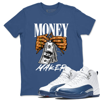 Money Maker sneaker match t-shirt styled to complete your fit with the Air Jordan 12 French Blue sneakers, shown in Denim Blue 1.