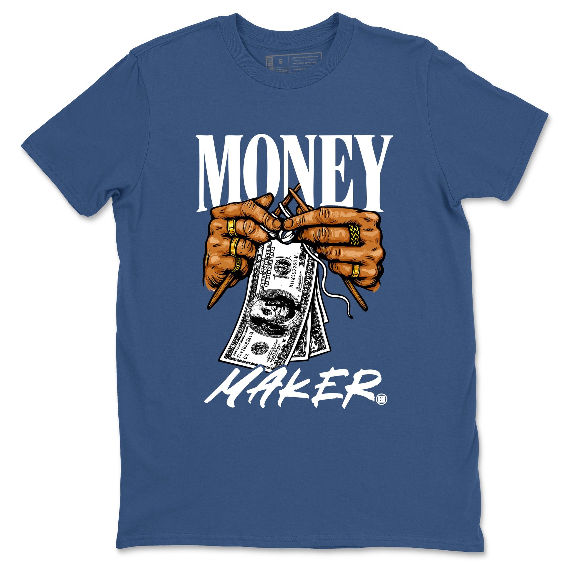Money Maker sneaker match t-shirt styled to complete your fit with the Air Jordan 12 French Blue sneakers, shown in Denim Blue 2.
