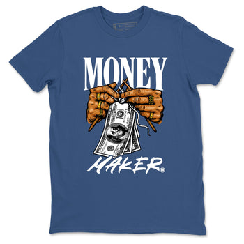 Money Maker sneaker match t-shirt styled to complete your fit with the Air Jordan 12 French Blue sneakers, shown in Denim Blue 2.