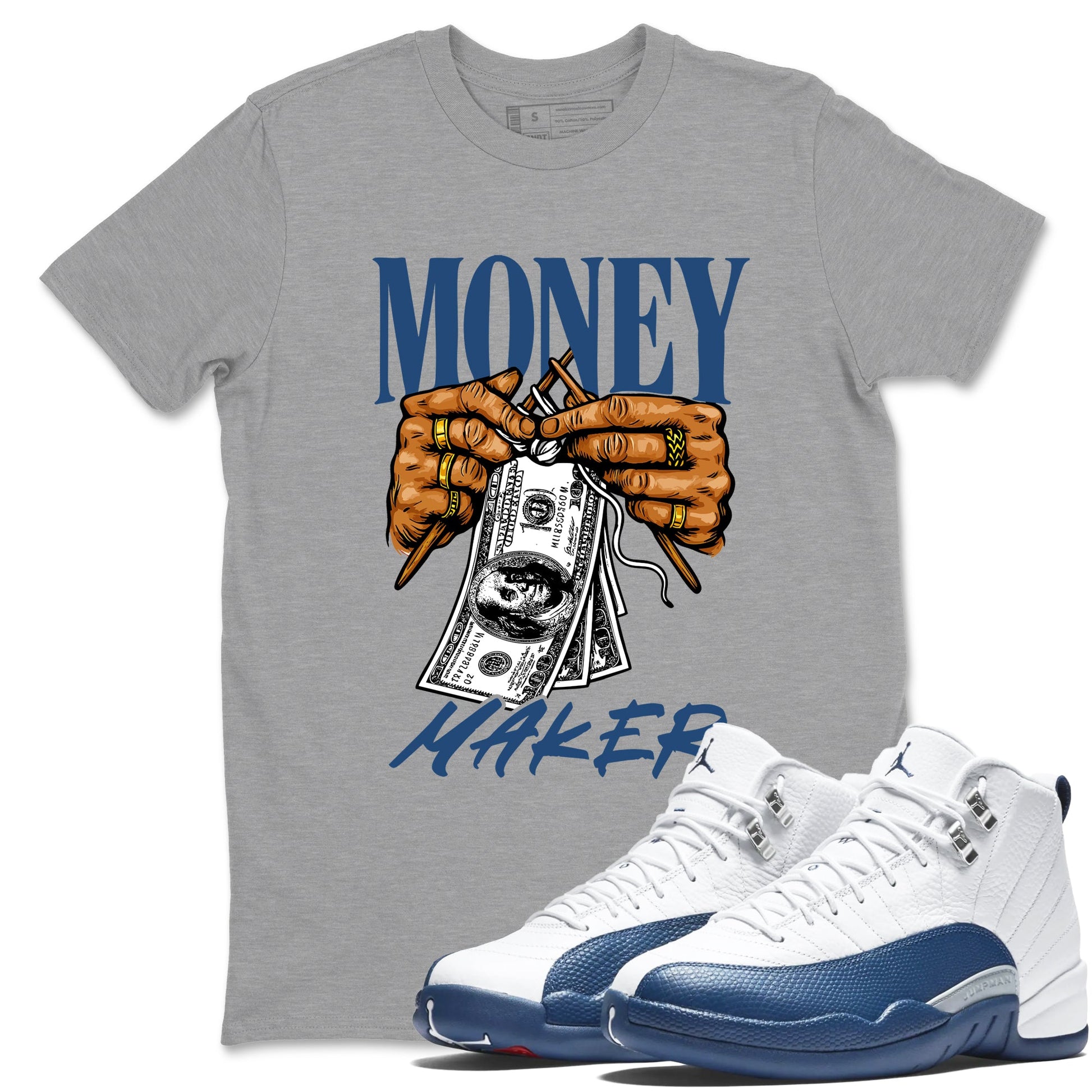 Money Maker sneaker match t-shirt styled to complete your fit with the Air Jordan 12 French Blue sneakers, shown in Heather Grey 1.