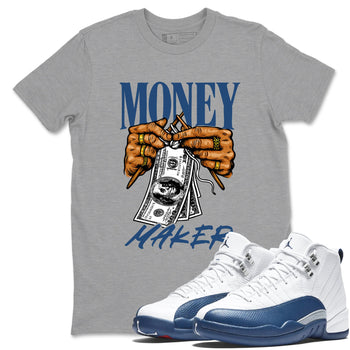 Money Maker sneaker match t-shirt styled to complete your fit with the Air Jordan 12 French Blue sneakers, shown in Heather Grey 1.