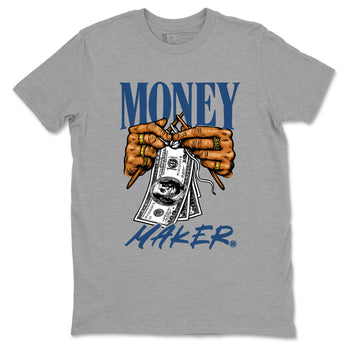 Money Maker sneaker match t-shirt styled to complete your fit with the Air Jordan 12 French Blue sneakers, shown in Heather Grey 2.