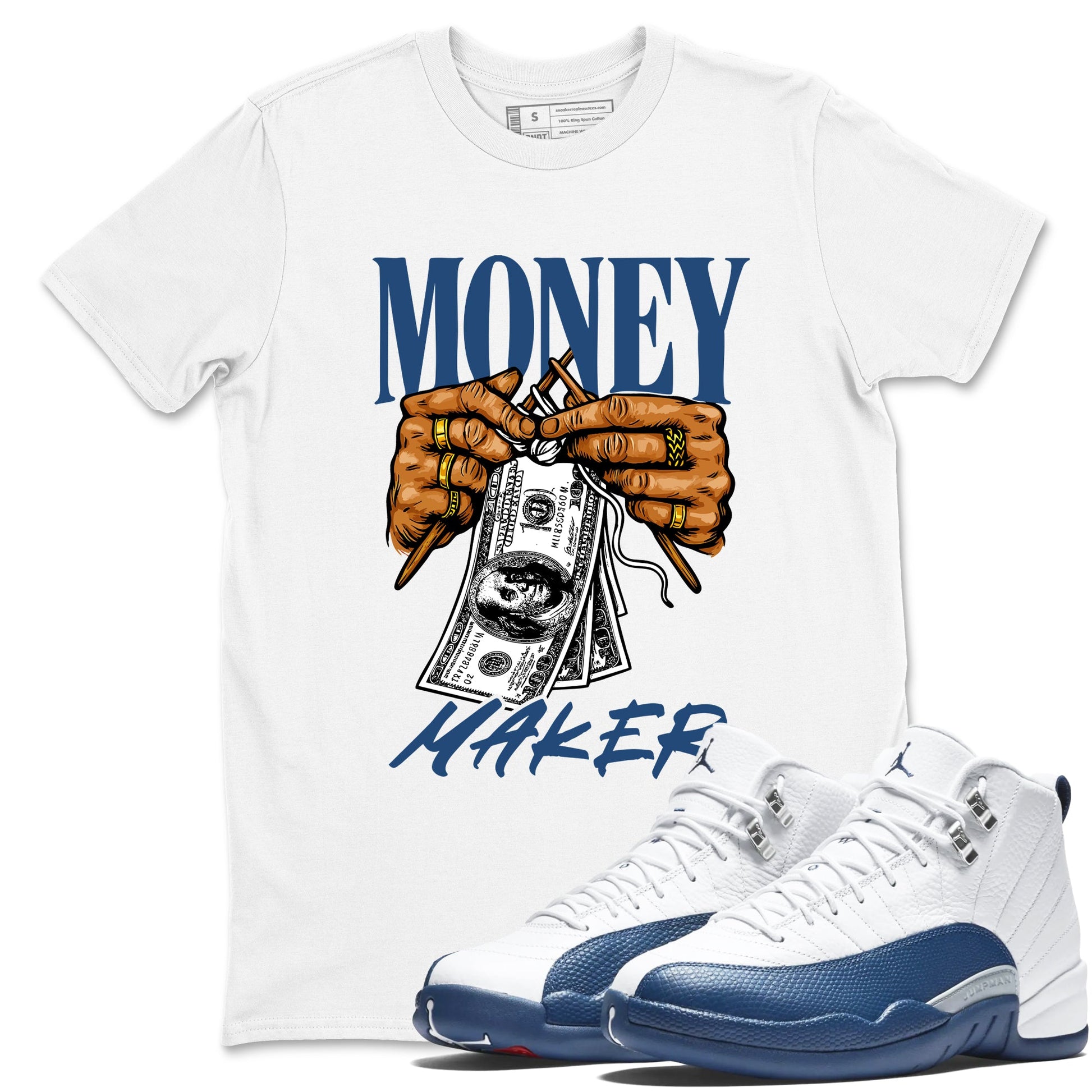 Money Maker sneaker match t-shirt styled to complete your fit with the Air Jordan 12 French Blue sneakers, shown in White 1.