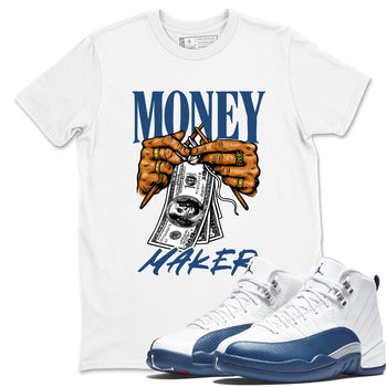Money Maker sneaker match t-shirt styled to complete your fit with the Air Jordan 12 French Blue sneakers, shown in White 1.