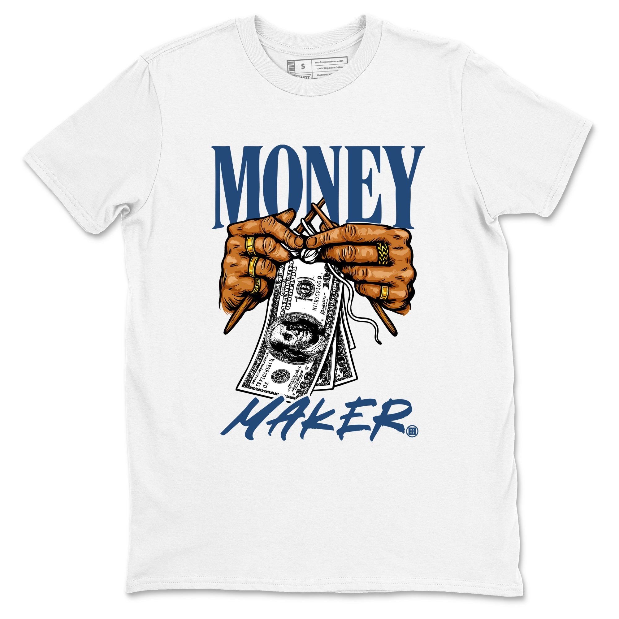 Money Maker sneaker match t-shirt styled to complete your fit with the Air Jordan 12 French Blue sneakers, shown in White 2.