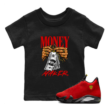 Money Maker baby and kids t-shirt crafted for little sneakerheads to shine with the Air Jordan 14 Challenge Red sneakers, displayed in Black 1.