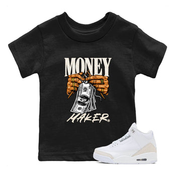 Money Maker baby and kids t-shirt crafted for little sneakerheads to shine with the Air Jordan 3 Pure Money sneakers, displayed in Black 1.