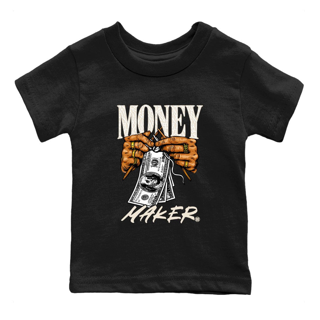 Money Maker baby and kids t-shirt crafted for little sneakerheads to shine with the Air Jordan 3 Pure Money sneakers, displayed in Black 2.