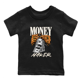 Money Maker baby and kids t-shirt crafted for little sneakerheads to shine with the Air Jordan 3 Pure Money sneakers, displayed in Black 2.