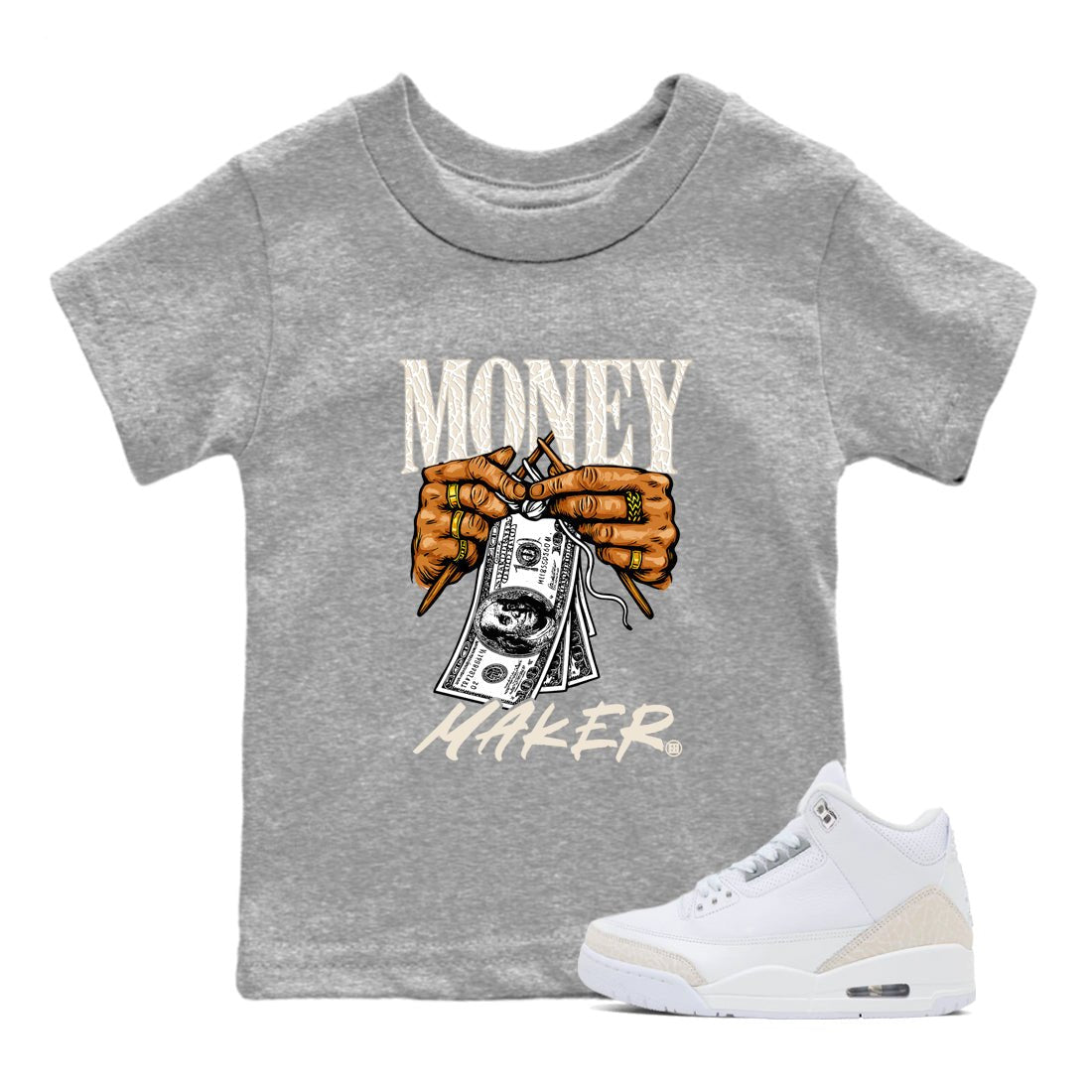 Money Maker baby and kids t-shirt crafted for little sneakerheads to shine with the Air Jordan 3 Pure Money sneakers, displayed in Heather Grey 1.