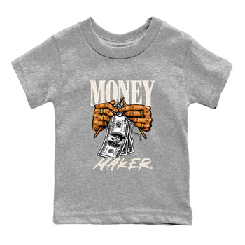 Money Maker baby and kids t-shirt crafted for little sneakerheads to shine with the Air Jordan 3 Pure Money sneakers, displayed in Heather Grey 2.