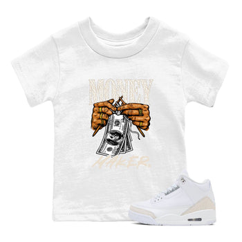 Money Maker baby and kids t-shirt crafted for little sneakerheads to shine with the Air Jordan 3 Pure Money sneakers, displayed in White 1.