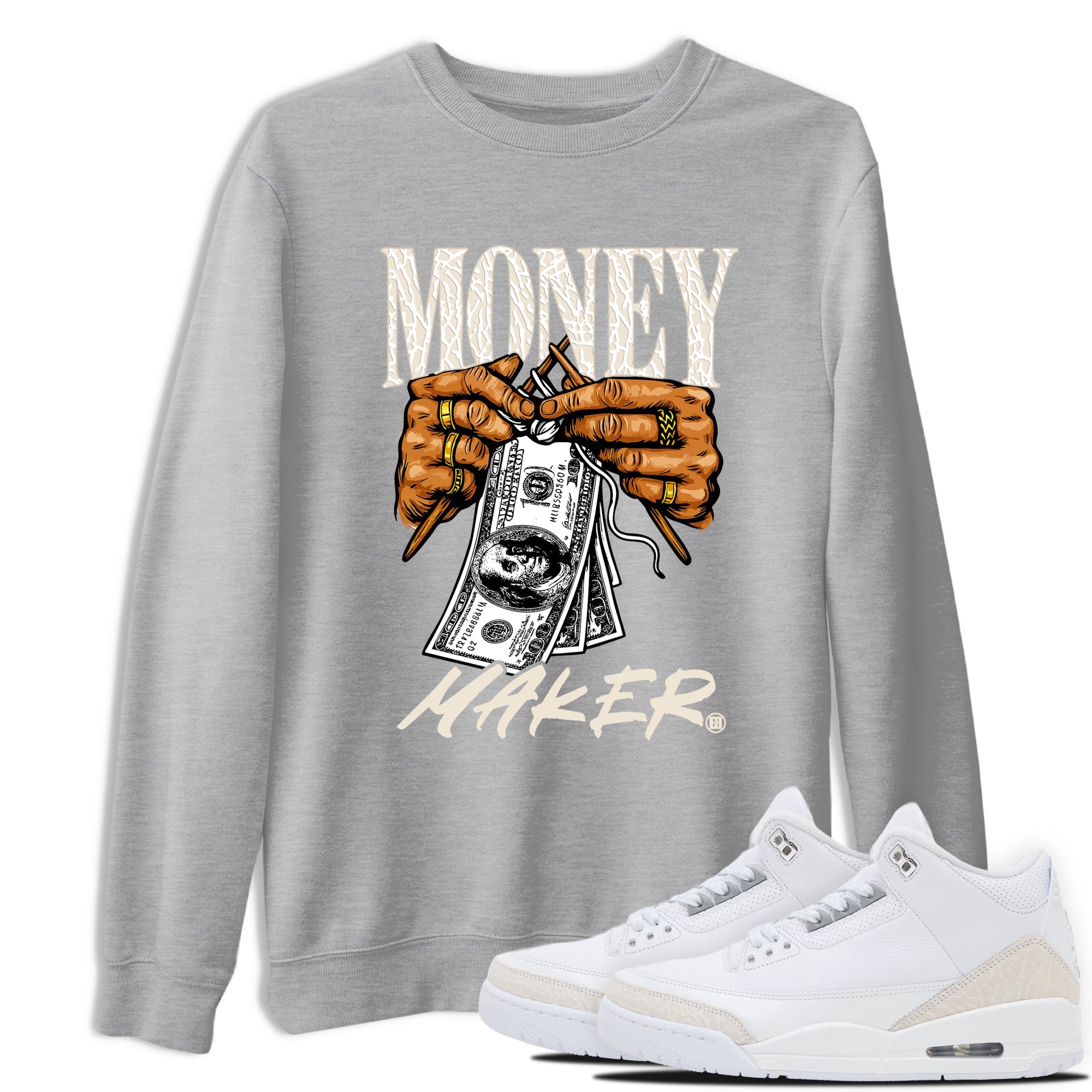 Money Maker sneaker match t-shirt styled to complete your fit with the Air Jordan 3 Pure Money sneakers, shown in Heather Grey 1.