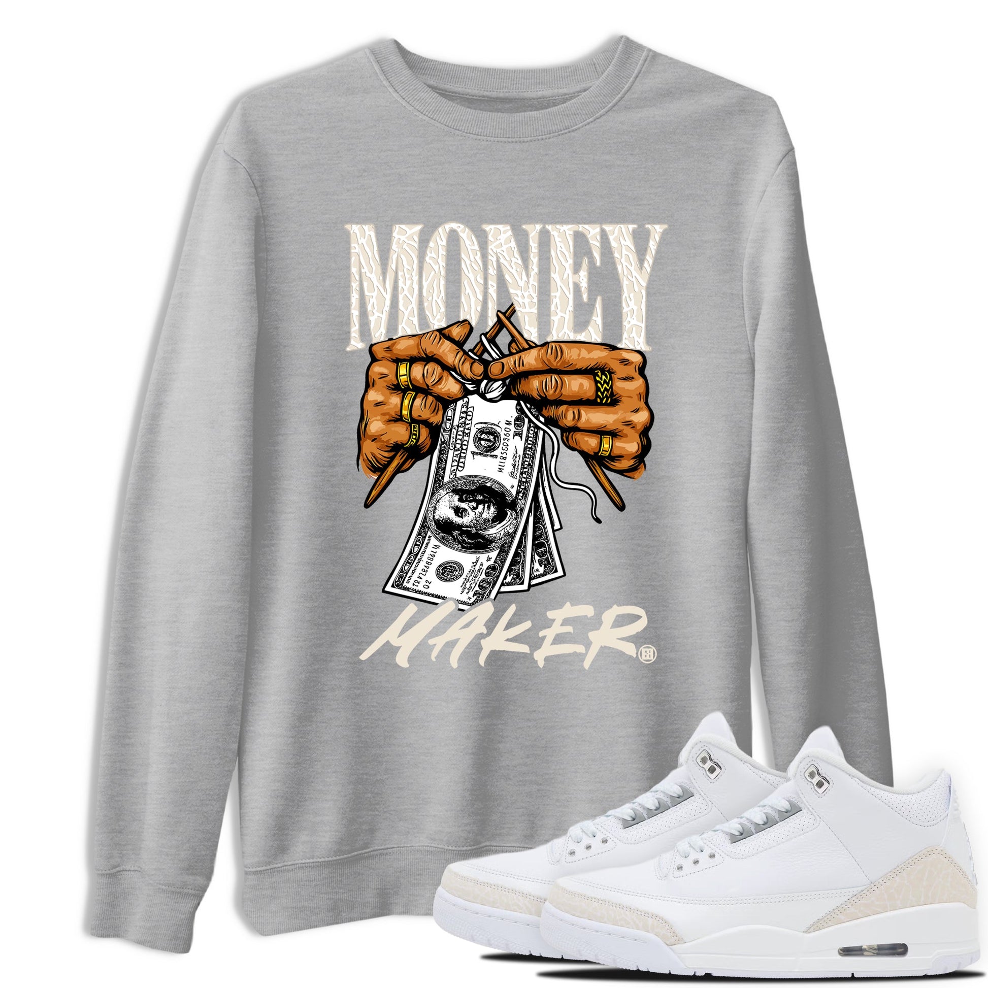 Money Maker sneaker match t-shirt styled to complete your fit with the Air Jordan 3 Pure Money sneakers, shown in Heather Grey 1.
