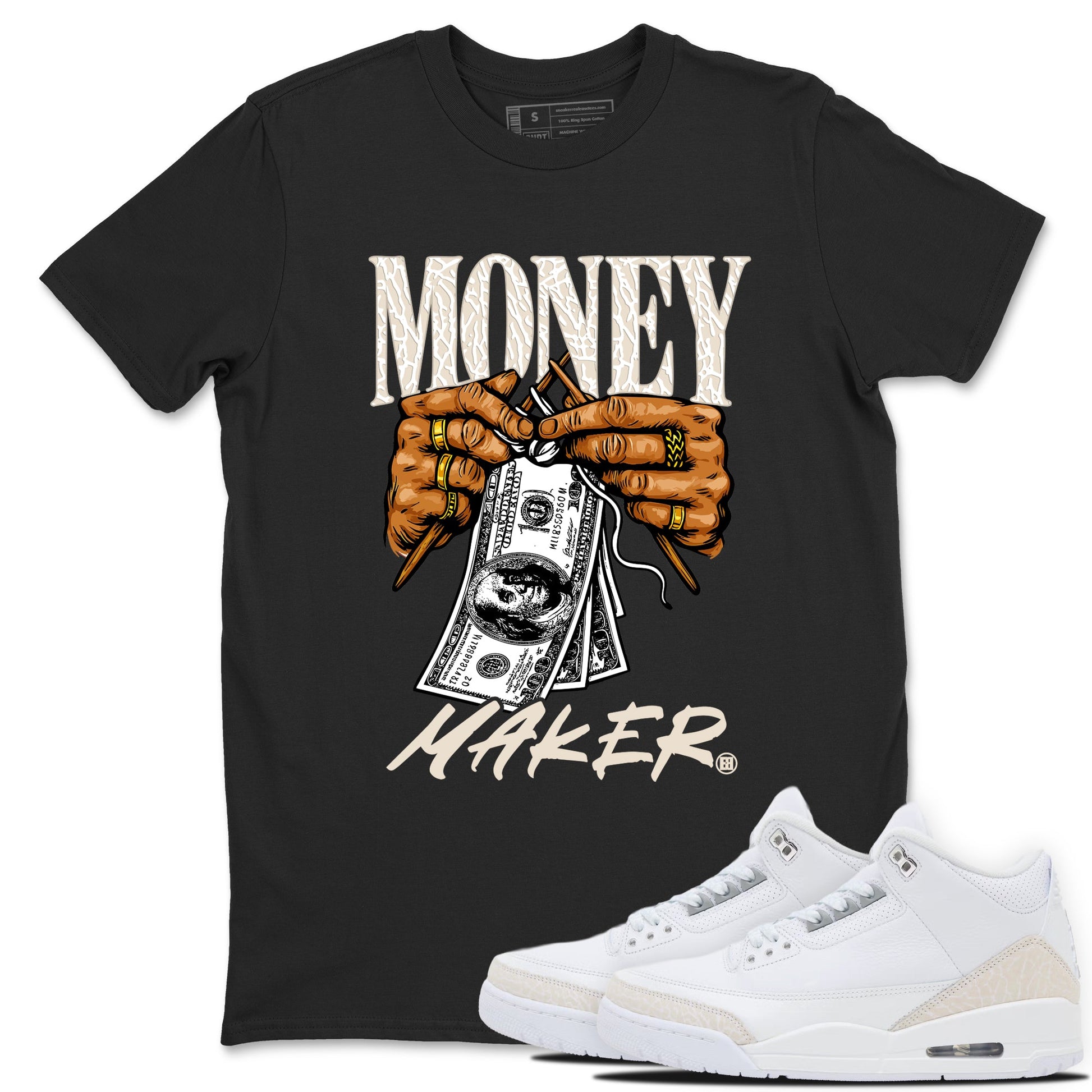 Money Maker sneaker match t-shirt styled to complete your fit with the Air Jordan 3 Pure Money sneakers, shown in Black 1.