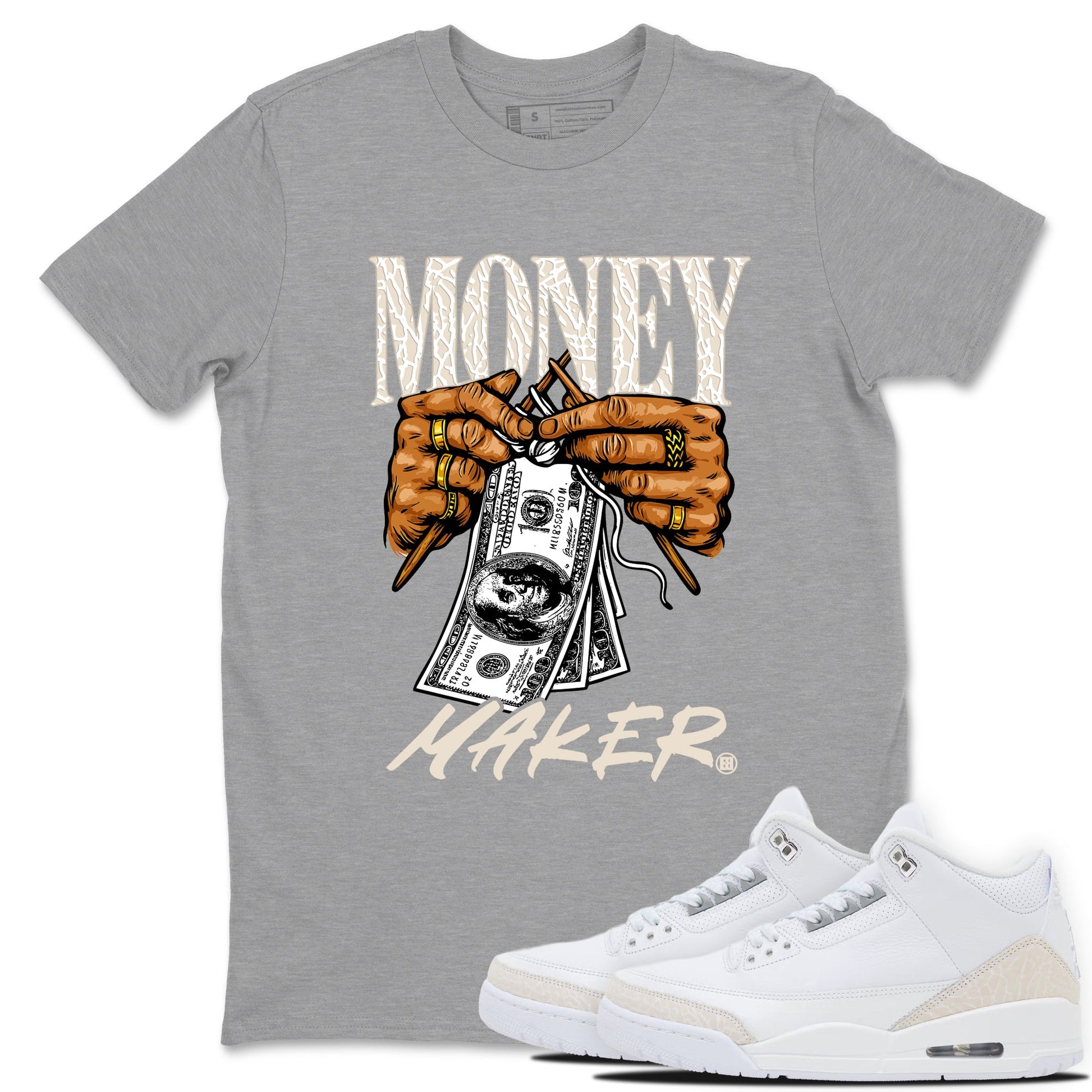 Money Maker sneaker match t-shirt styled to complete your fit with the Air Jordan 3 Pure Money sneakers, shown in Heather Grey 1.
