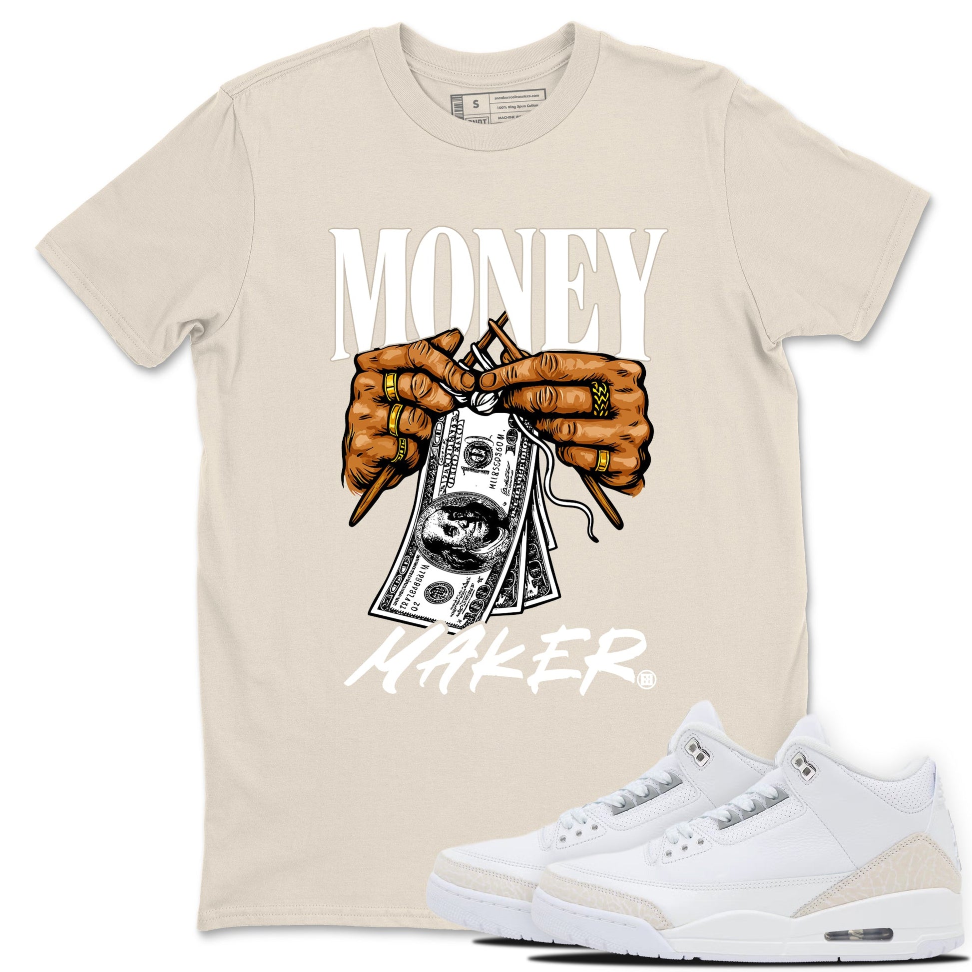 Money Maker sneaker match t-shirt styled to complete your fit with the Air Jordan 3 Pure Money sneakers, shown in Natural 1.