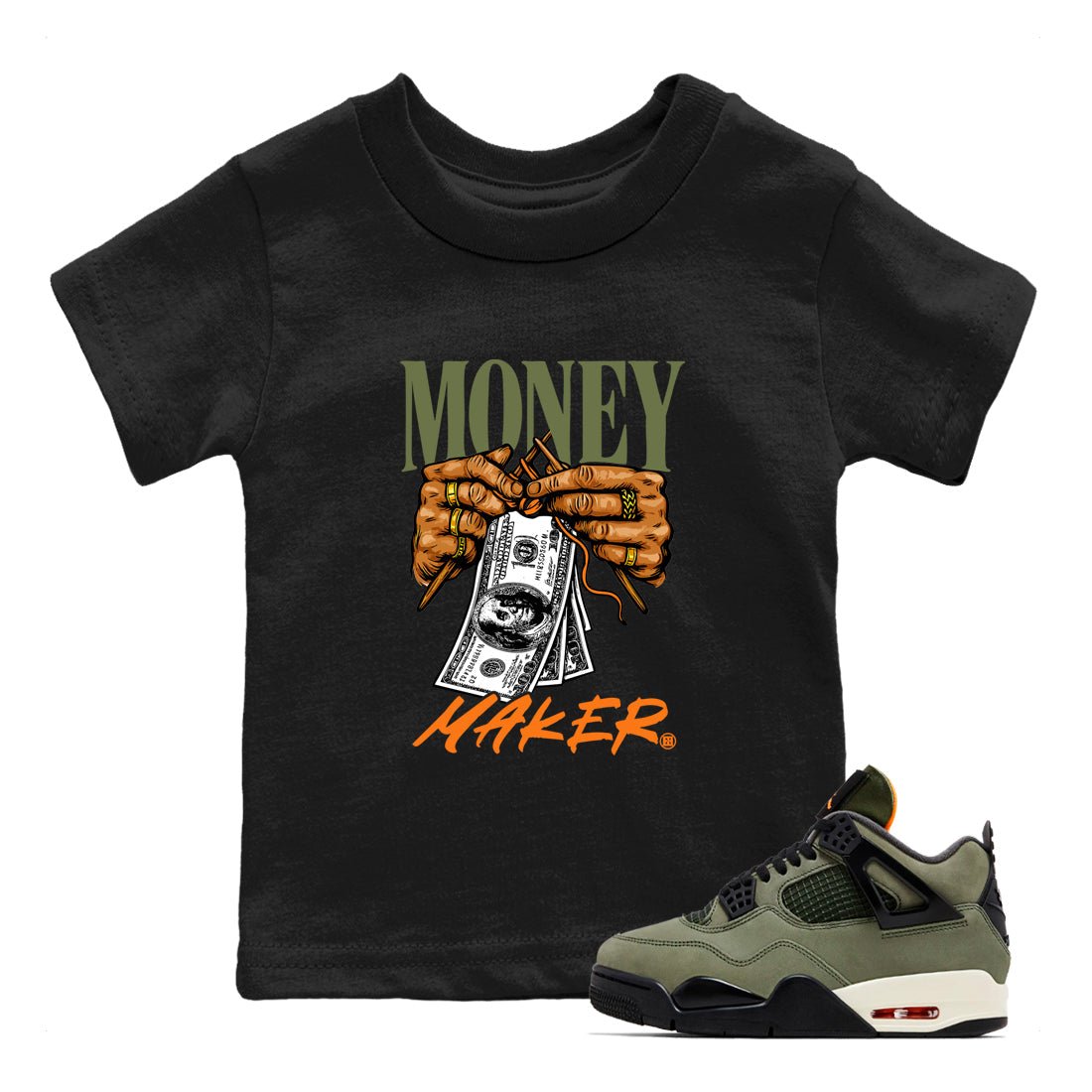 Sneaker match tees – Sneaker Tees To Match Undefeated inspired colorways Air Jordan 4 OG Olive Shoes  – Money Maker Kids T-Shirt Black 1
