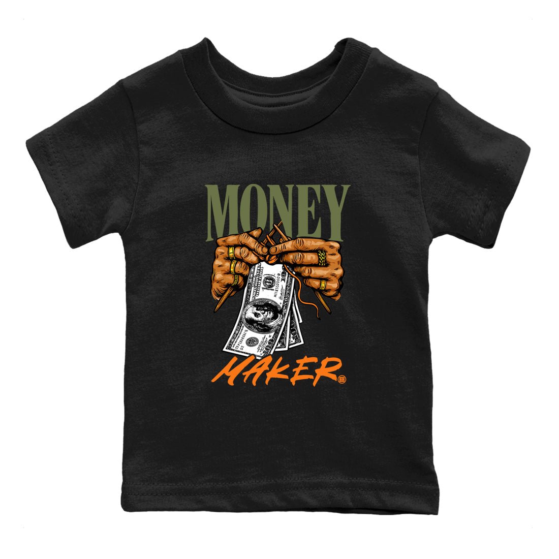 Sneaker match tees – Sneaker Tees To Match Undefeated inspired colorways Air Jordan 4 OG Olive Shoes  – Money Maker Kids T-Shirt Black 2