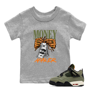 Sneaker match tees – Sneaker Tees To Match Undefeated inspired colorways Air Jordan 4 OG Olive Shoes  – Money Maker Kids T-Shirt Heather Grey 1