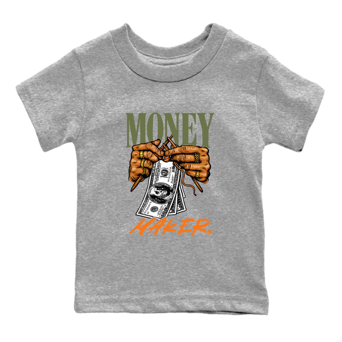 Sneaker match tees – Sneaker Tees To Match Undefeated inspired colorways Air Jordan 4 OG Olive Shoes  – Money Maker Kids T-Shirt Heather Grey 2