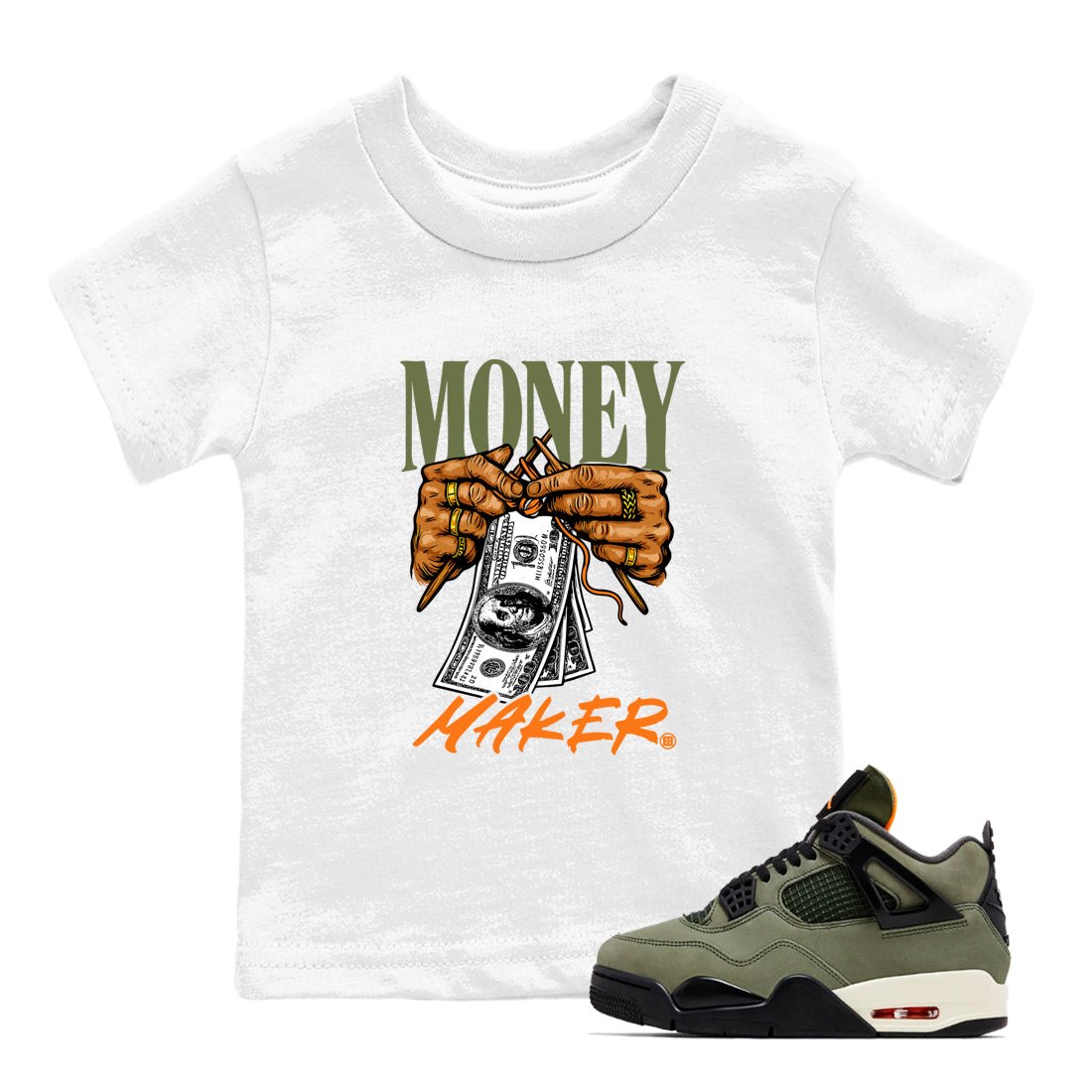 Sneaker match tees – Sneaker Tees To Match Undefeated inspired colorways Air Jordan 4 OG Olive Shoes  – Money Maker Kids T-Shirt White 1