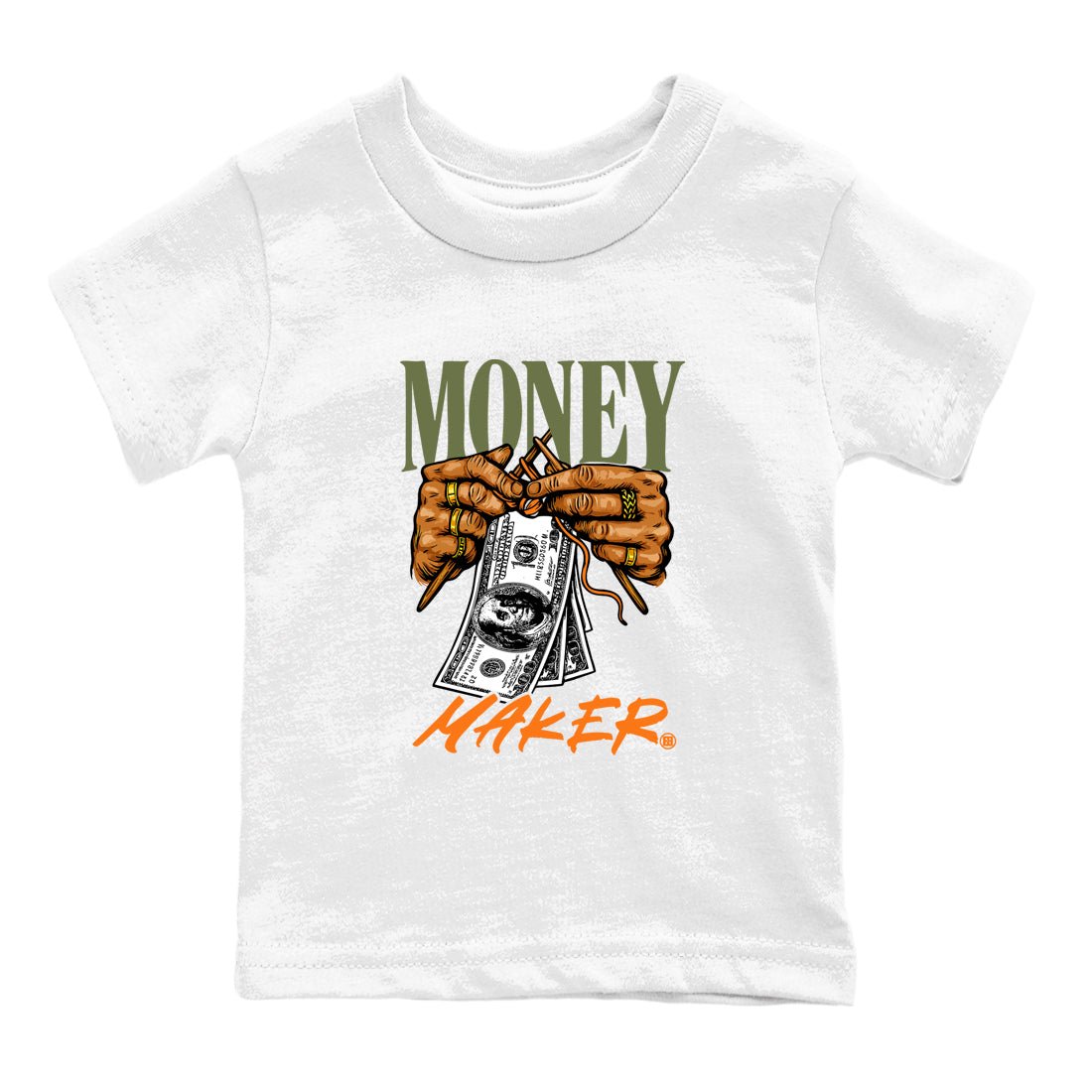 Sneaker match tees – Sneaker Tees To Match Undefeated inspired colorways Air Jordan 4 OG Olive Shoes  – Money Maker Kids T-Shirt White 2
