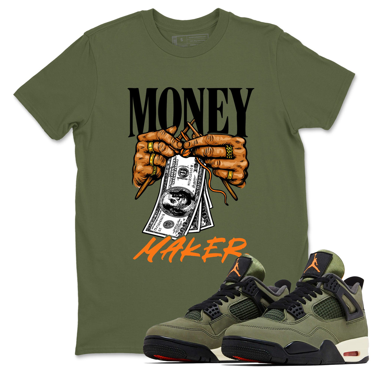 Sneaker match tees – Sneaker Tees To Match Undefeated inspired colorways Air Jordan 4 OG Olive Shoes  – Money Maker Tee Military Green 1
