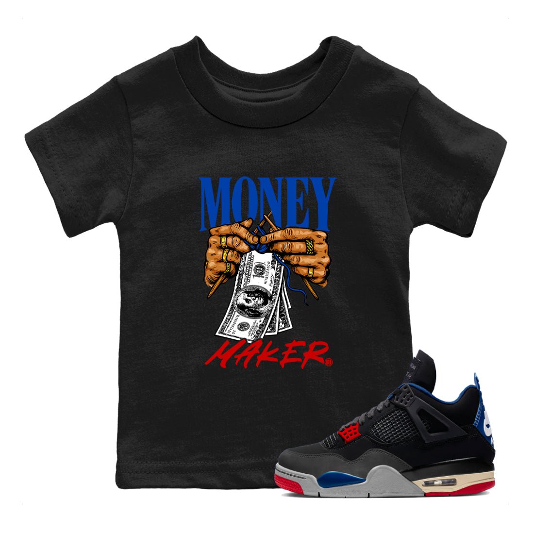 Money Maker baby and kids t-shirt crafted for little sneakerheads to shine with the Air Jordan 4 Rare Air sneakers, displayed in Black 1.