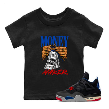 Money Maker baby and kids t-shirt crafted for little sneakerheads to shine with the Air Jordan 4 Rare Air sneakers, displayed in Black 1.