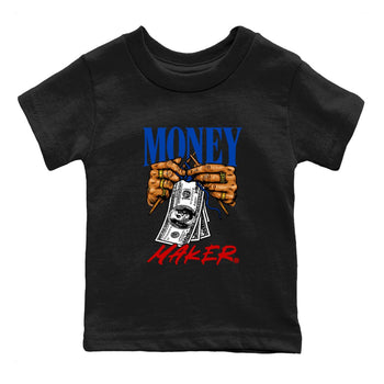 Money Maker baby and kids t-shirt crafted for little sneakerheads to shine with the Air Jordan 4 Rare Air sneakers, displayed in Black 2.