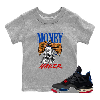 Money Maker baby and kids t-shirt crafted for little sneakerheads to shine with the Air Jordan 4 Rare Air sneakers, displayed in Heather Grey 1.