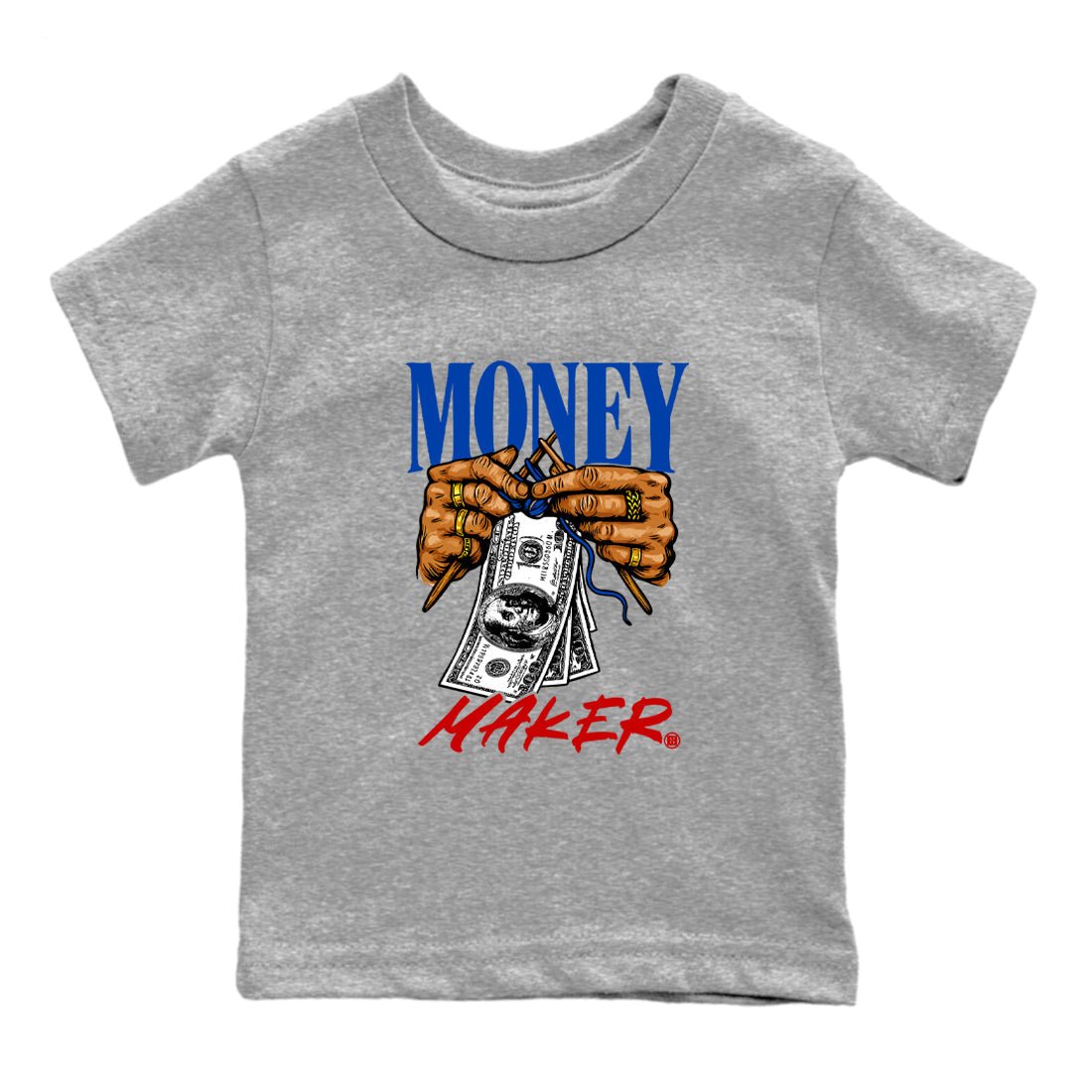 Money Maker baby and kids t-shirt crafted for little sneakerheads to shine with the Air Jordan 4 Rare Air sneakers, displayed in Heather Grey 2.