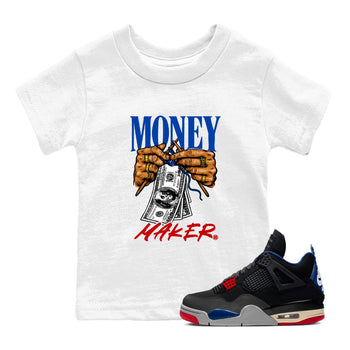 Money Maker baby and kids t-shirt crafted for little sneakerheads to shine with the Air Jordan 4 Rare Air sneakers, displayed in White 1.