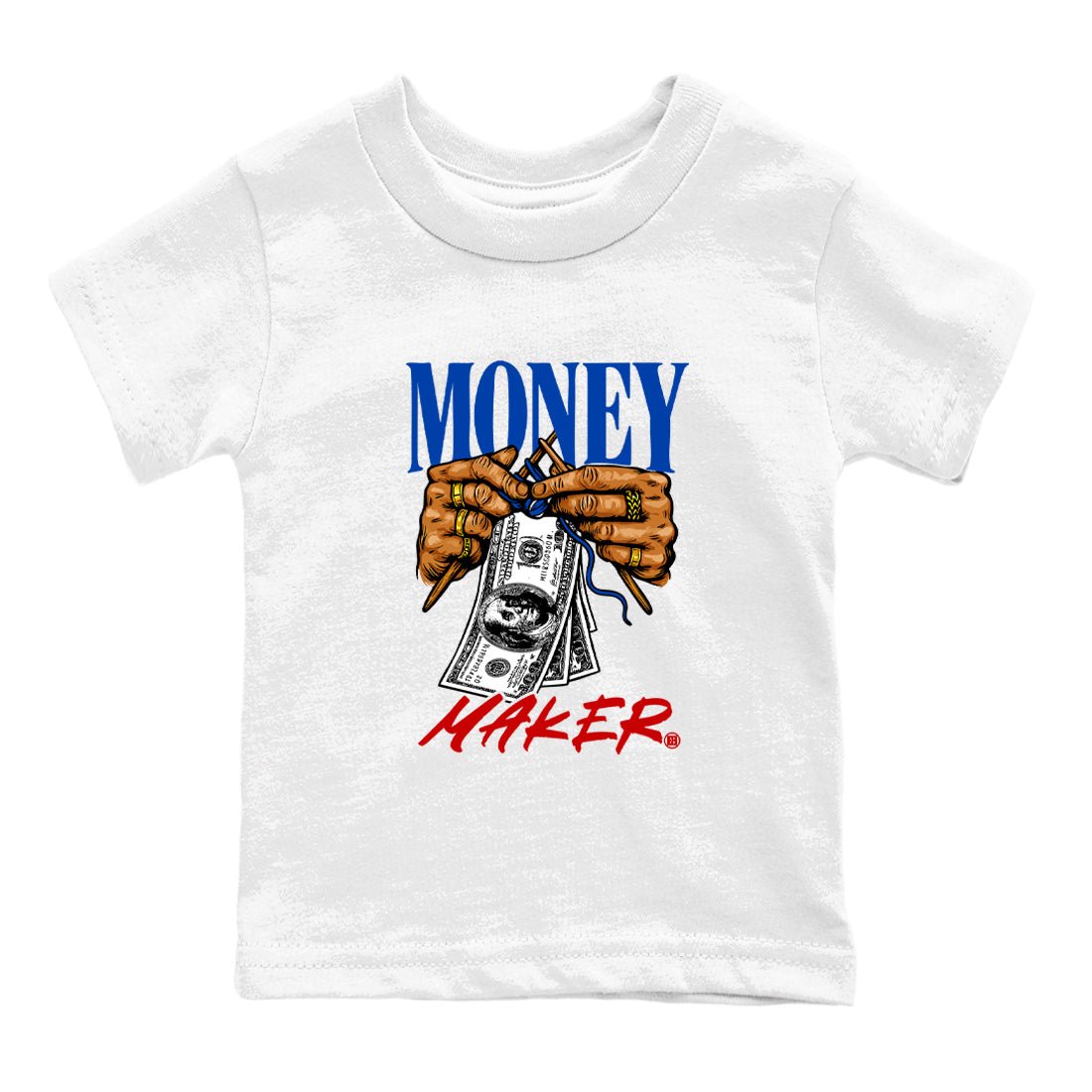 Money Maker baby and kids t-shirt crafted for little sneakerheads to shine with the Air Jordan 4 Rare Air sneakers, displayed in White 2.