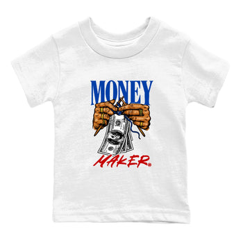 Money Maker baby and kids t-shirt crafted for little sneakerheads to shine with the Air Jordan 4 Rare Air sneakers, displayed in White 2.
