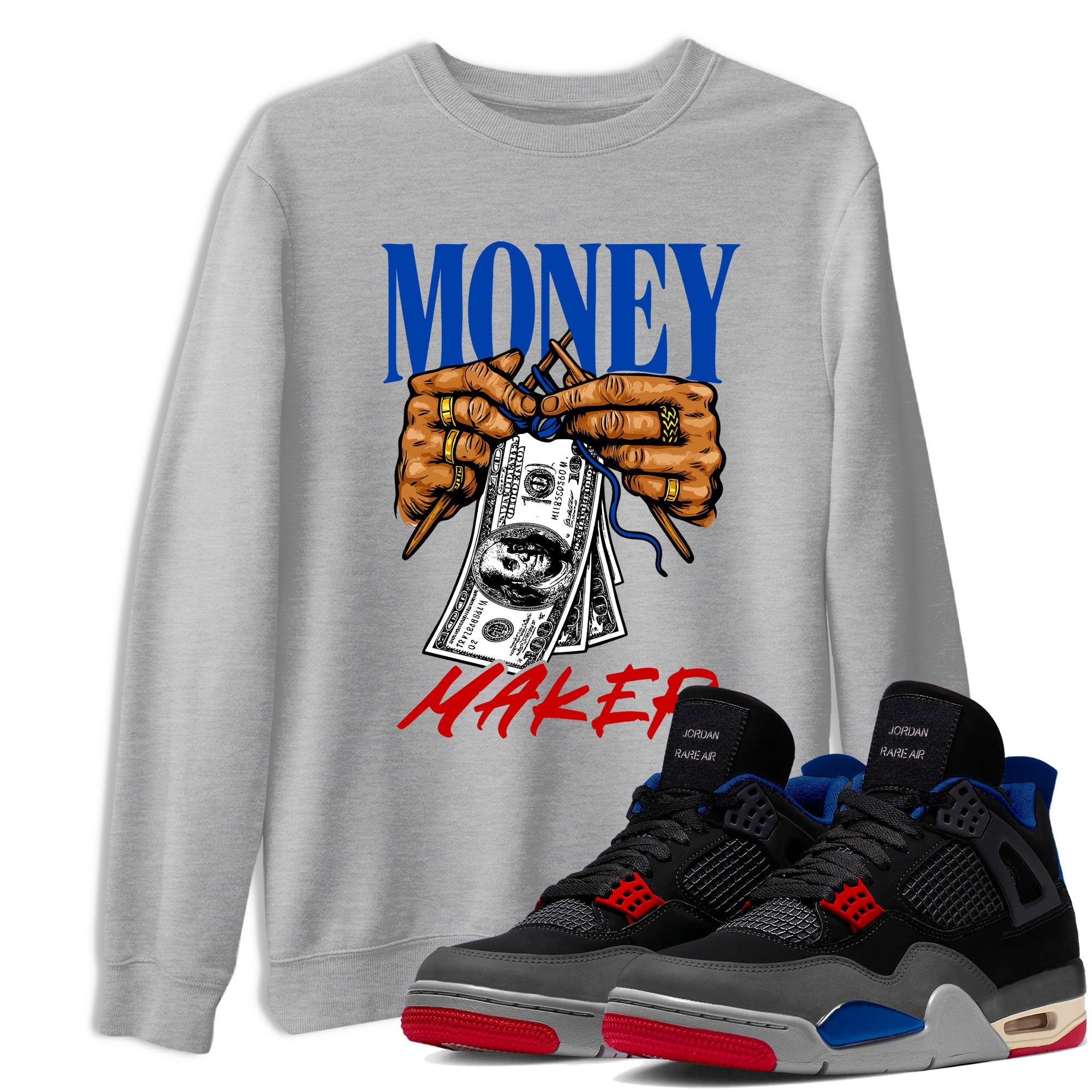 Money Maker sneaker match t-shirt styled to complete your fit with the Air Jordan 4 Rare Air sneakers, shown in Heather Grey 1.