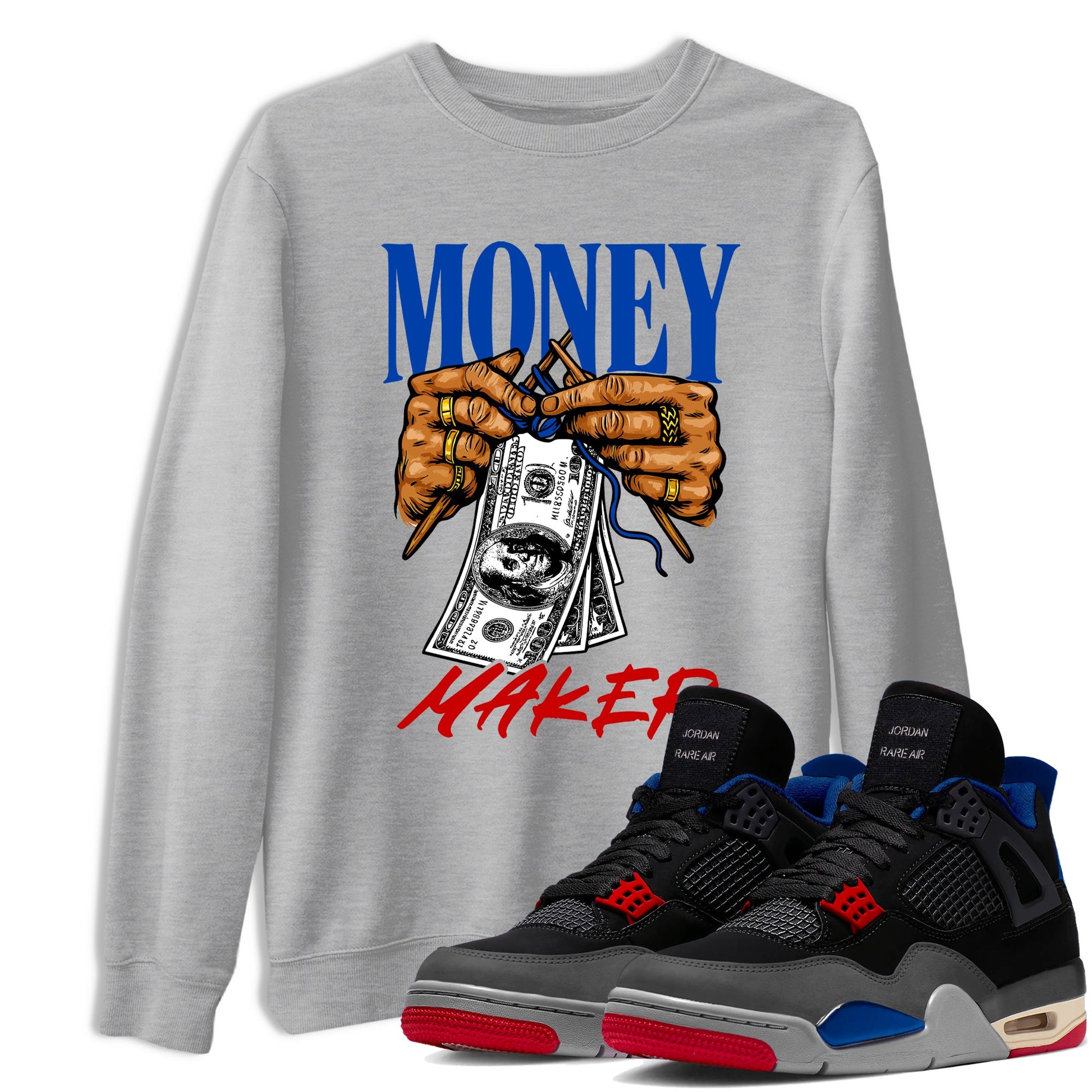 Money Maker sneaker match t-shirt styled to complete your fit with the Air Jordan 4 Rare Air sneakers, shown in Heather Grey 1.