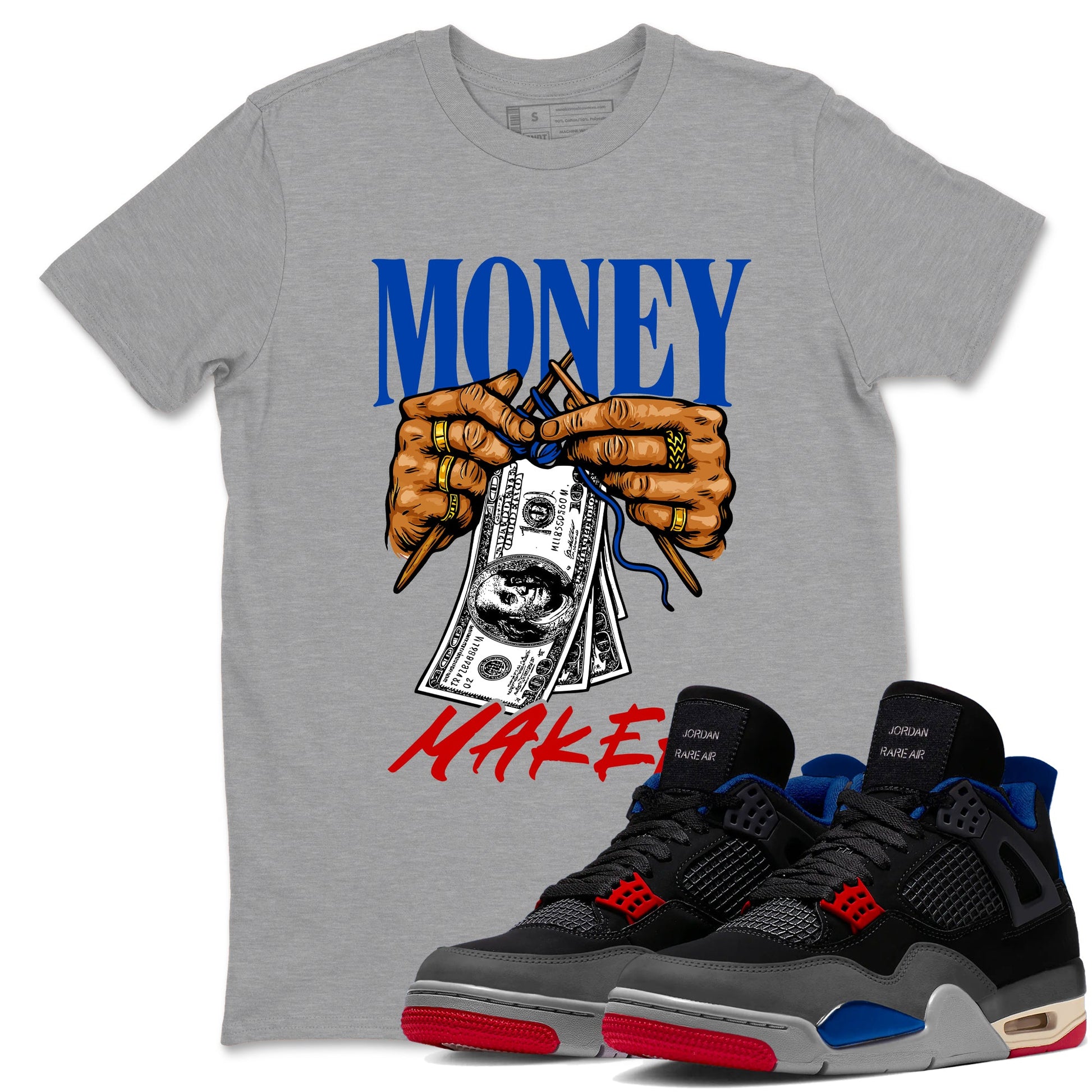 Money Maker sneaker match t-shirt styled to complete your fit with the Air Jordan 4 Rare Air sneakers, shown in Heather Grey 1.