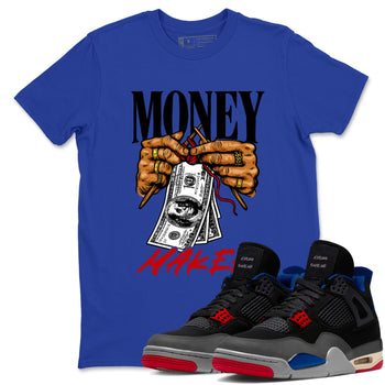 Money Maker sneaker match t-shirt styled to complete your fit with the Air Jordan 4 Rare Air sneakers, shown in Royal Blue 1.
