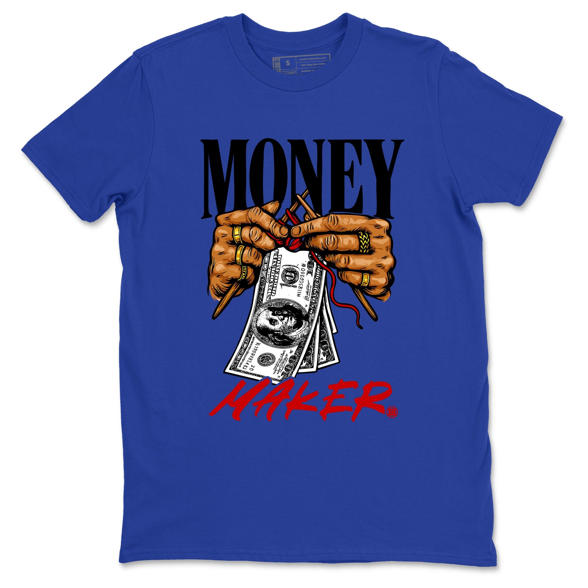 Money Maker sneaker match t-shirt styled to complete your fit with the Air Jordan 4 Rare Air sneakers, shown in Royal Blue 2.