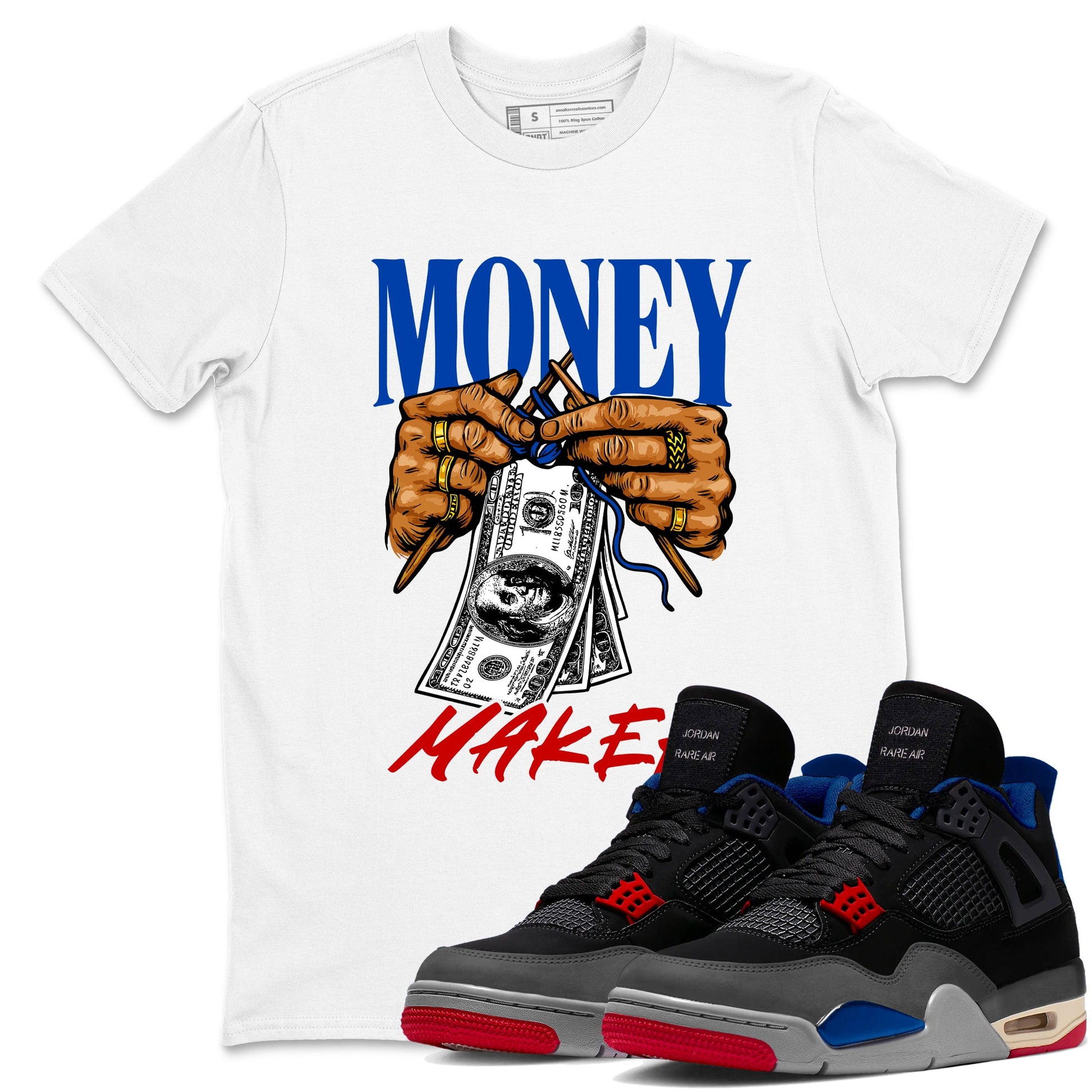 Money Maker sneaker match t-shirt styled to complete your fit with the Air Jordan 4 Rare Air sneakers, shown in White 1.