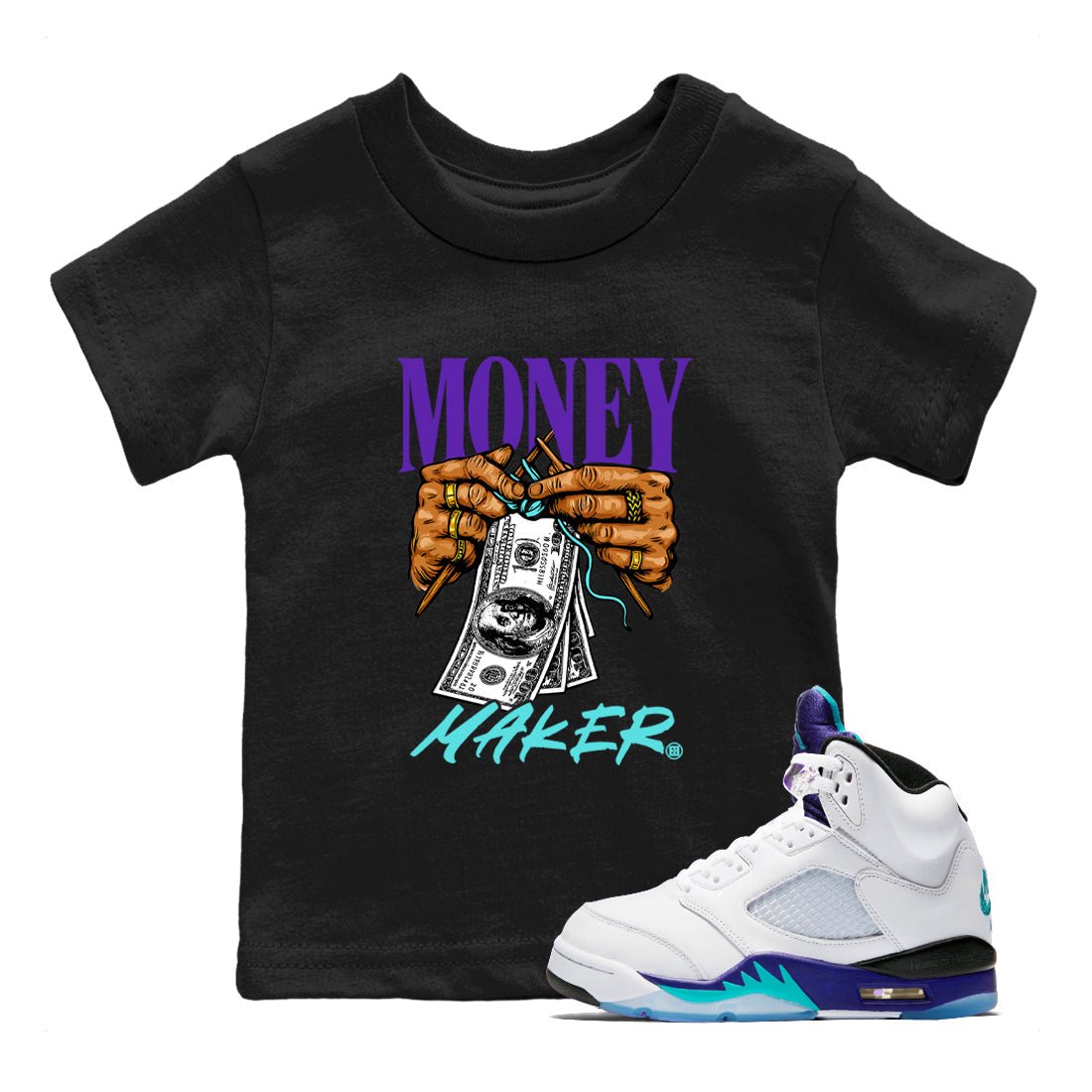 Money Maker baby and kids t-shirt crafted for little sneakerheads to shine with the Air Jordan 5 Grape sneakers, displayed in Black 1.