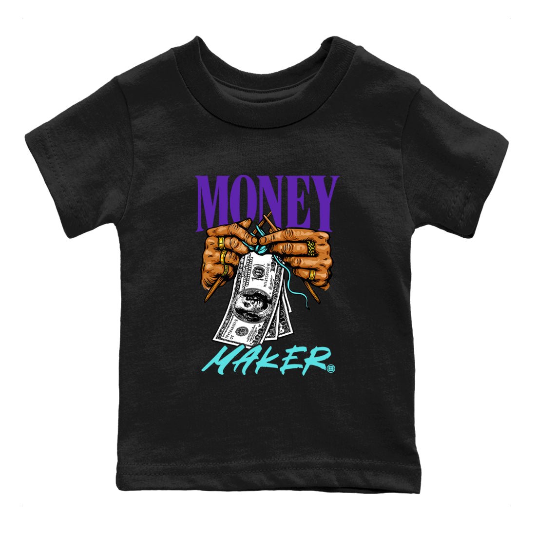 Money Maker baby and kids t-shirt crafted for little sneakerheads to shine with the Air Jordan 5 Grape sneakers, displayed in Black 2.