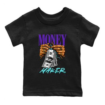 Money Maker baby and kids t-shirt crafted for little sneakerheads to shine with the Air Jordan 5 Grape sneakers, displayed in Black 2.