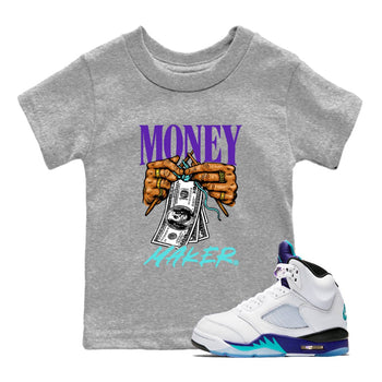 Money Maker baby and kids t-shirt crafted for little sneakerheads to shine with the Air Jordan 5 Grape sneakers, displayed in Heather Grey 1.