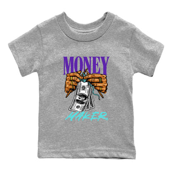 Money Maker baby and kids t-shirt crafted for little sneakerheads to shine with the Air Jordan 5 Grape sneakers, displayed in Heather Grey 2.