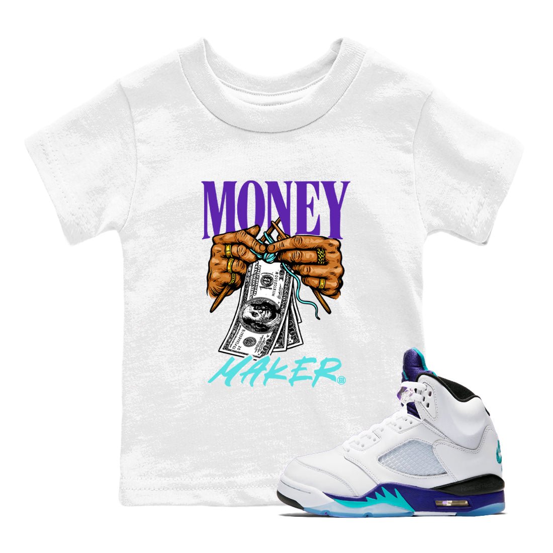 Money Maker baby and kids t-shirt crafted for little sneakerheads to shine with the Air Jordan 5 Grape sneakers, displayed in White 1.