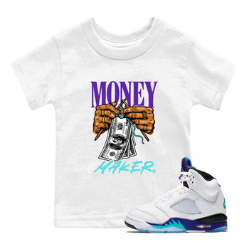 Money Maker baby and kids t-shirt crafted for little sneakerheads to shine with the Air Jordan 5 Grape sneakers, displayed in White 1.