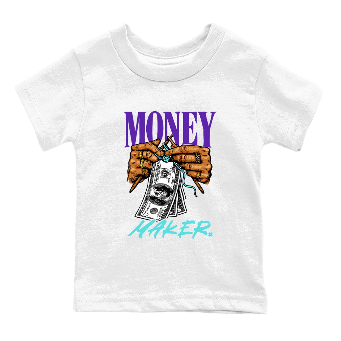 Money Maker baby and kids t-shirt crafted for little sneakerheads to shine with the Air Jordan 5 Grape sneakers, displayed in White 2.